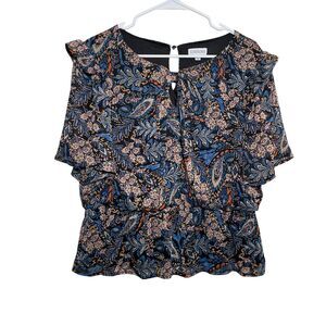 Luxology Blouse Women's XL Metallic Lined Short Sleeve Ruffle Shirt Top Career